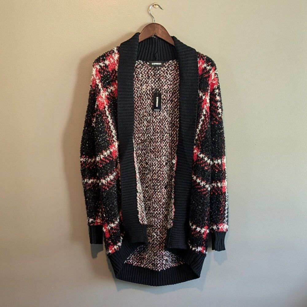 Express Women’s XS Cardigan Sweater NWT Draped Open Front Black Red Small